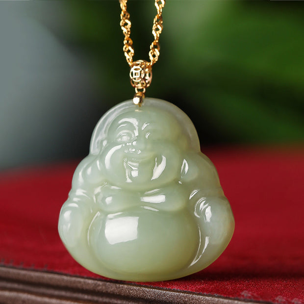 Buddha Stones 925 Sterling Silver Laughing Buddha Cyan Jade 18K Gold Success Necklace Pendant Necklaces & Pendants BS Cyan Jade