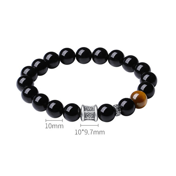 Buddha Stones 999 Sterling Silver Black Obsidian Tiger Eye Om Mani Padme Hum Fulfillment Bracelet Bracelet BS 10