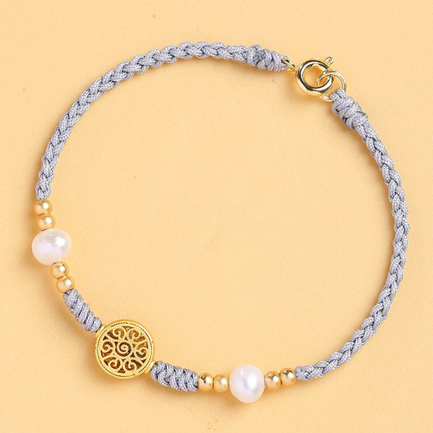 Buddha Stones Copper Coin Fortune Tree Pearl Luck Blue Rope Braided Bracelet