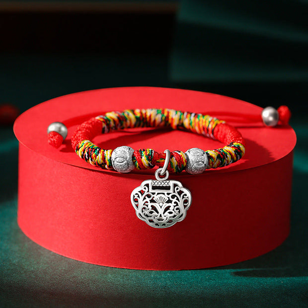 Buddha Stones 925 Sterling Silver Chinese Lock Charm Multicolored Red String Protection Handmade Braided Kids Bracelet