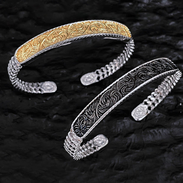 Buddha Stones Tang Dynasty Flower Design Engraved Copper Luck Cuff Bracelet Bangle Adjustable Ring Bracelet Bangle BS main
