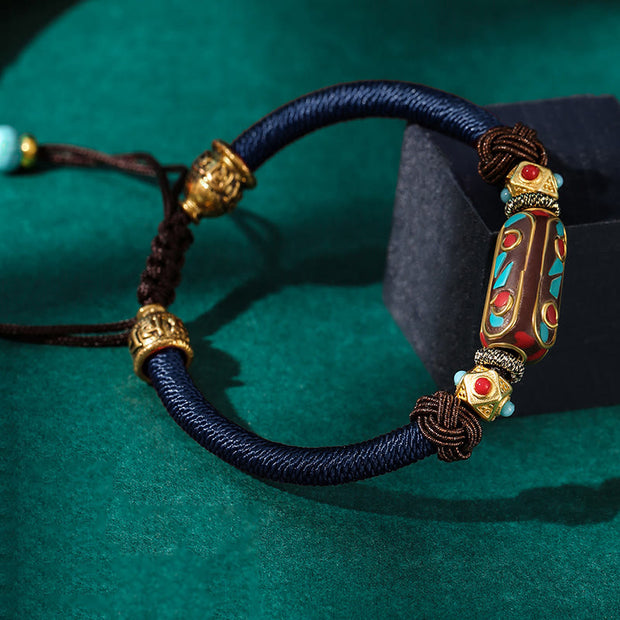 Buddha Stones Handmade Tibetan Turquoise Om Mani Padme Hum Strength Braided Bracelet Bracelet BS Blue(Bracelet Size 15+10cm)