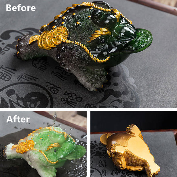 Buddha Stones Color Changing FengShui Wealth Lucky Frog Copper Coin Tea Pet Resin Figurine Decoration