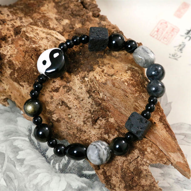 Buddha Stones Black Onyx Picasso Jasper Bead Yin Yang Fortune Protection Bracelet Bracelet BS 4