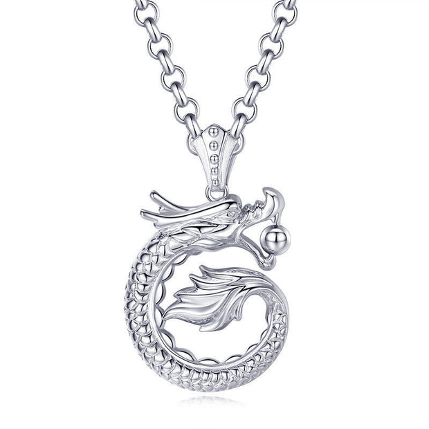 Buddha Stones 990 Sterling Silver Auspicious Dragon Playing Bead Luck Necklace Pendant
