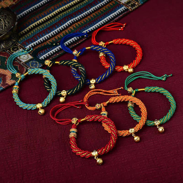 Buddha Stones Tibetan Handmade Luck Protection Thangka Prayer Wheel Bell Charm Braid String Bracelet Bracelet BS 13