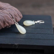 Buddha Stones Hetian White Jade Water Drop Luck Blessing Dangle Earrings Earrings BS 6