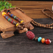 Buddha Stones Tibetan Wenge Wood Bodhi Seed Agate Balance Peace Necklace Pendant Necklaces & Pendants BS Wenge Wood&Liuli Red Flower