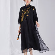 Buddha Stones 100% Mulberry Silk 6 Momme Dress Vintage Flower Butterfly Embroidery Qipao Dress Women's Cheongsam Dress