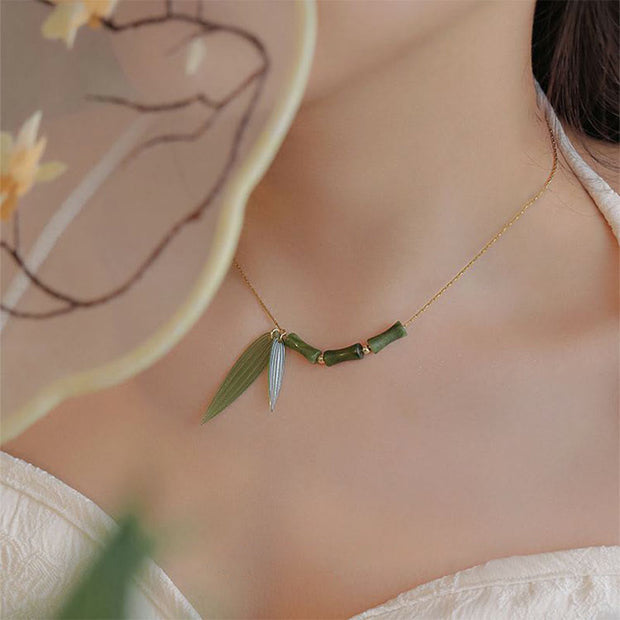 Buddha Stones Bamboo Leaf Jade Design Wealth Necklace Pendant Necklaces & Pendants BS 2