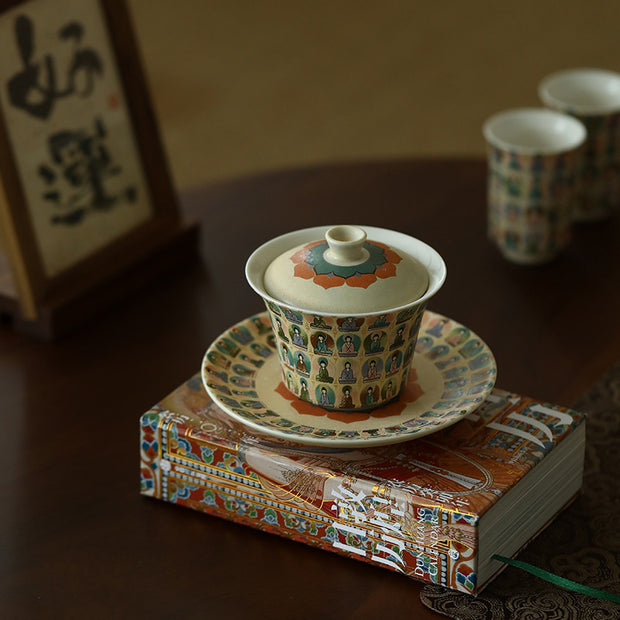 Buddha Stones Dunhuang Color Thousand Buddhas Flying Apsaras Pattern Gaiwan Teacup Kung Fu Tea Cup With Lid
