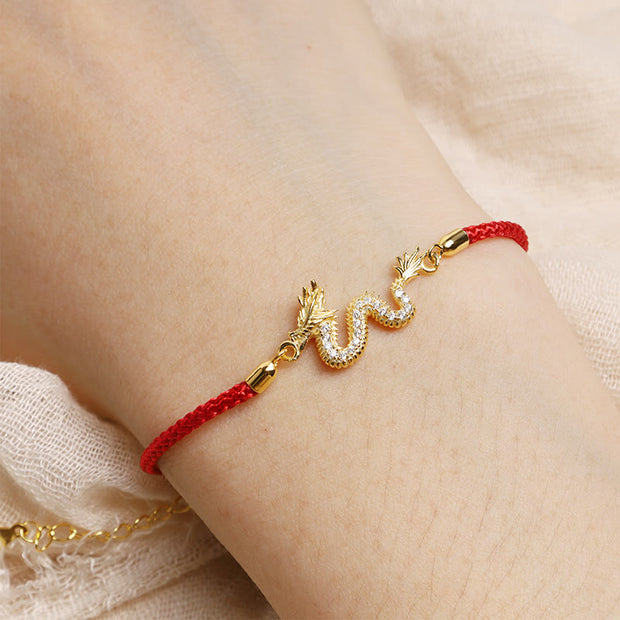 Buddha Stones 925 Sterling Silver Year Of The Dragon Auspicious Golden Dragon Luck Red Rope Chain Bracelet (Extra 30% Off | USE CODE: FS30)