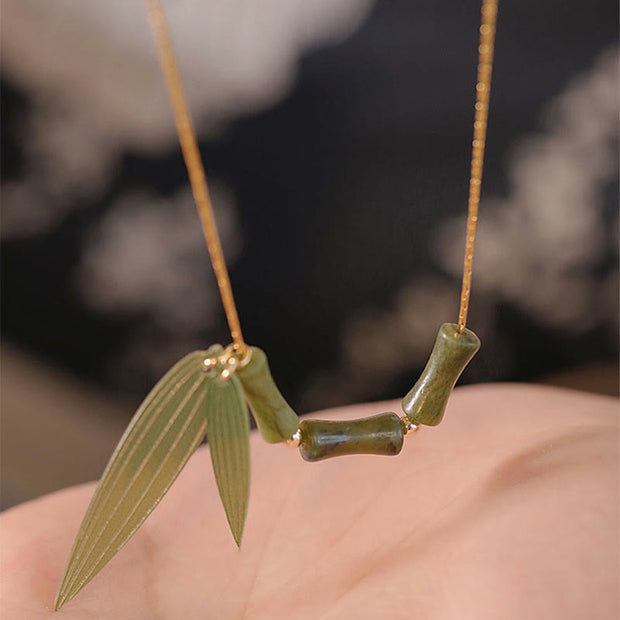 Buddha Stones Bamboo Leaf Jade Design Wealth Necklace Pendant Necklaces & Pendants BS 1