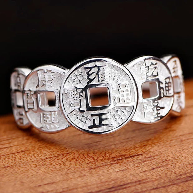 Buddha Stones Five-Emperor Coins Auspicious Wealth Adjustable Ring Ring BS 14