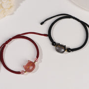 Buddha Stones Handmade Natural Silver Sheen Obsidian Strawberry Quartz Cute Cat Protection Braided Bracelet Bracelet BS 1