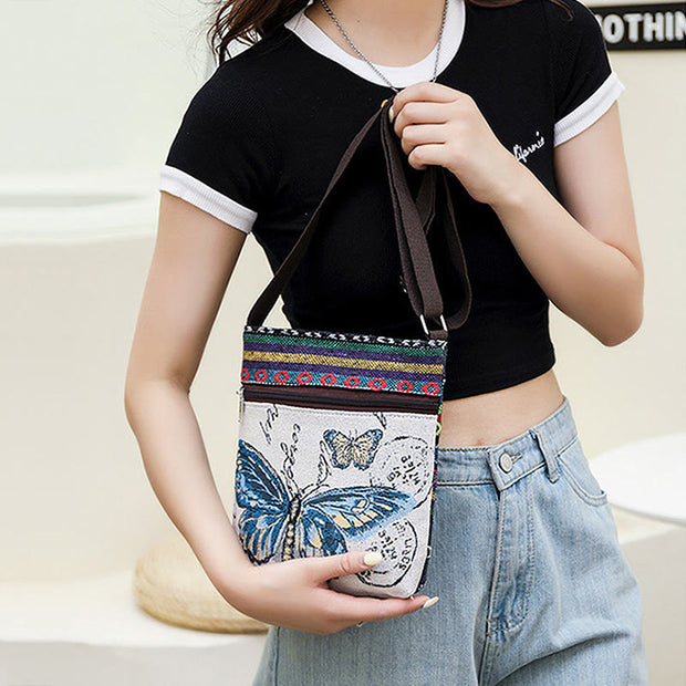 Buddha Stones Elephant Butterfly Embroidered Canvas Tote Bag Shoulder Bag Crossbody Bag