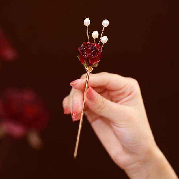 Buddha Stones Pearl Real Rose Flower Butterfly Love Tassels Hairpin