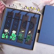 Buddha Stones Green Lotus Bamboo Oriole Ebony Wood Bookmarks With Gift Box Bookmarks BS 4Pcs Lotus Oriole Bird-Drawer Gift Box