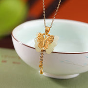 Buddha Stones 925 Sterling Silver Plated Gold Hetian White Jade Butterfly Blessing Necklace Pendant
