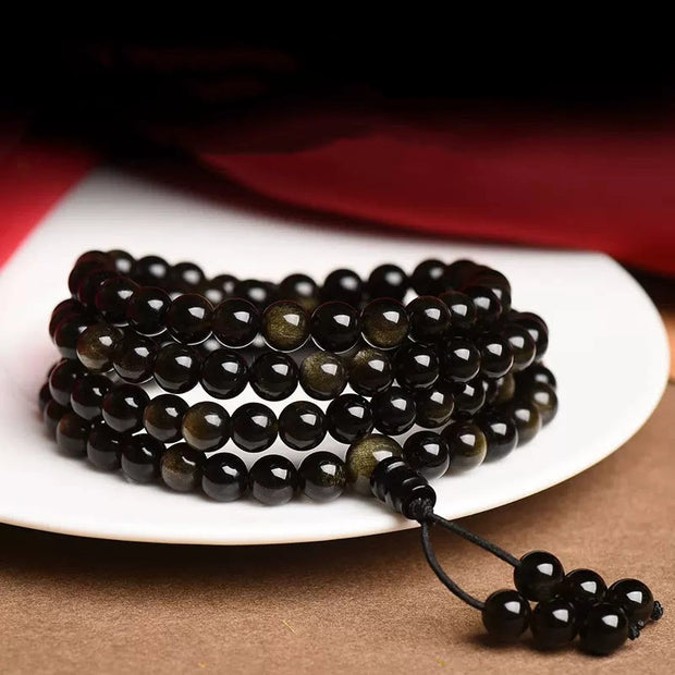 Buddha Stones 108 Mala Beads Natural Gold Sheen Obsidian Wealth Bracelet
