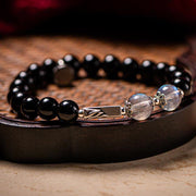Buddha Stones 925 Sterling Silver Obsidian Moonstone Strength Couple Bracelet Bracelet BS 14