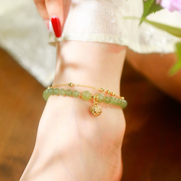 Buddha Stones Natural Hetian Jade Luck Bell Charm Beaded Anklet Anklet BS 2