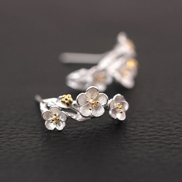 Buddha Stones 925 Sterling Silver Plum Blossom Floral Blessing Earrings Earrings BS 9