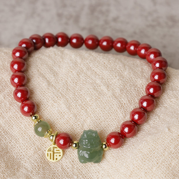 Buddha Stones 925 Sterling Silver Year of the Dragon Natural Cinnabar Hetian Jade Dragon Fu Character Ruyi As One Wishes Charm Blessing Bracelet (Extra 30% Off | USE CODE: FS30) Bracelet BS 1
