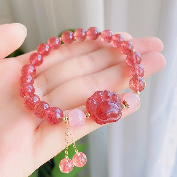Buddha Stones Natural Strawberry Quartz Pink Crystal Lucky Cat Paw Love Bracelet Bracelet BS 3