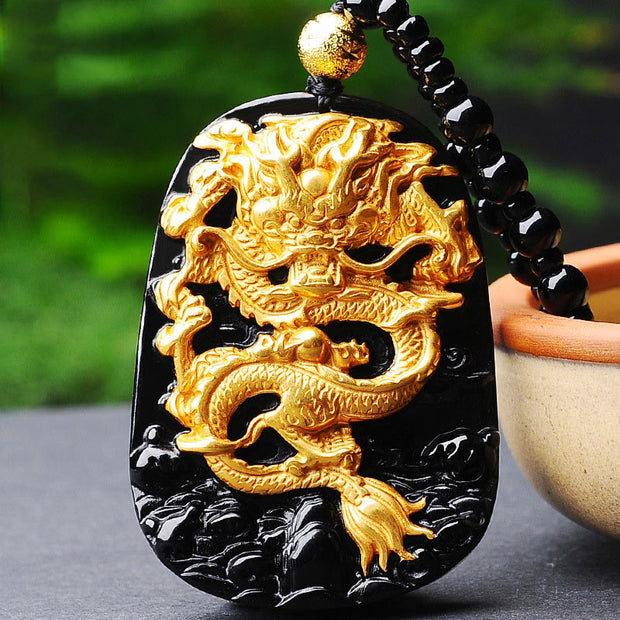 Buddha Stones 18k Gold-plated Dragon Obsidian Lucky Pendant Necklace Necklaces & Pendants BS main