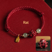 Buddha Stones Natural Cinnabar Chinese Zodiac Hetian Jade Fu Character Luck Rope Bracelet Bracelet BS Rat(Wrist Circumference 14-18cm)