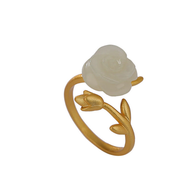 Buddha Stones 925 Sterling Silver Plated Gold Rose Flower Hetian White Jade Happiness Ring Ring BS 7