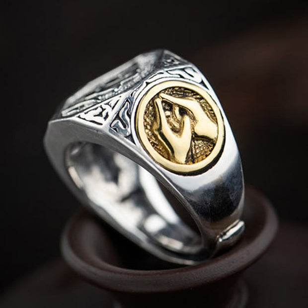 Buddha Stones 925 Sterling Silver Sanskrit Design Carved Protection Adjustable Ring Ring BS 7