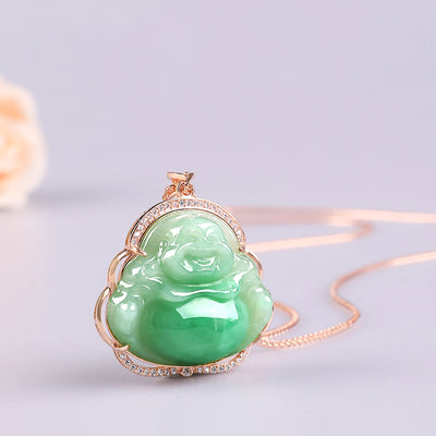 925 Sterling Silver Laughing Buddha Natural Jade Prosperity Necklace Chain Pendant Necklaces & Pendants BS Peachpuff