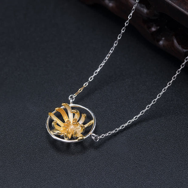 Buddha Stones 925 Sterling Silver Chrysanthemum Flower Blessing Necklace Pendant