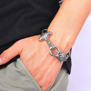 Buddha Stones Wolf Head Titanium Steel Leather Weave Blessing Bracelet Bracelet BS 2