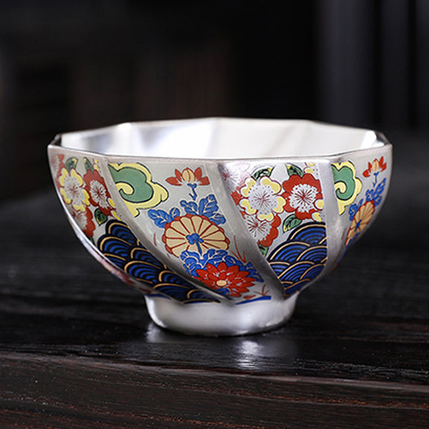 Buddha Stones 999 Sterling Silver Gilding Chrysanthemum Flowers Ceramic Teacup Kung Fu Tea Cup