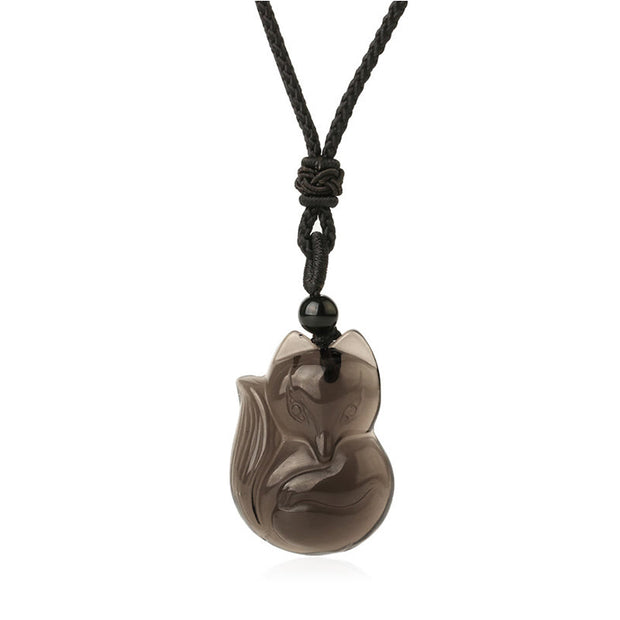Buddha Stones Natural Black Obsidian Tiger Eye Ice Obsidian Fox Pendant Amulet Necklace Necklaces & Pendants BS Ice Obsidian1