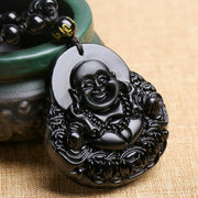 Buddha Stones Laughing Buddha Black Obsidian Strength Protection Pendant Necklace