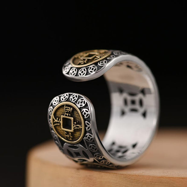 Buddha Stones Five-Emperor Coins Balance Adjustable Ring Rings BS 4