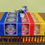 Buddha Stones Prayer Altar Mat Man-Bcu Kalachakra Endless Knot Vajra Tibetan Auspicious Symbols Tassels Table Runner