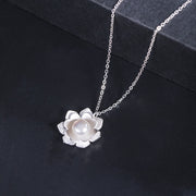 Buddha Stones 925 Sterling Silver Lotus Flower Pearl New Beginning Necklace Pendant