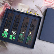 Buddha Stones Green Lotus Bamboo Oriole Ebony Wood Bookmarks With Gift Box Bookmarks BS 4Pcs Lotus Oriole Bird-Cover Gift Box