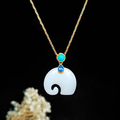 Buddha Stones White Jade Elephant Luck Fortune Necklace Pendant Necklaces & Pendants BS White Jade