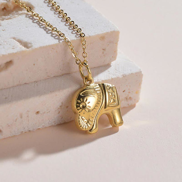 Buddha Stones Gold Elephant Titanium Steel Luck Necklace Pendant