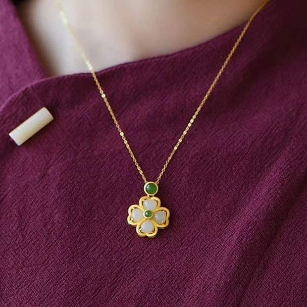 Buddha Stones 925 Sterling Silver Lucky Four Leaf Clover Jade Prosperity Necklace Chain Pendant Necklaces & Pendants BS 7