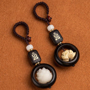 Buddha Stones Ebony Wood Bodhi Seed Boxwood Lotus Enlightenment Key Chain Decoration Key Chain BS 15
