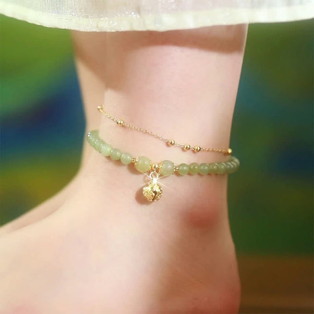 Buddha Stones Natural Hetian Jade Luck Bell Charm Beaded Anklet Anklet BS 4