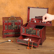 Buddha Stones Vintage Jewelry Box Golden Grape Handmade Solid Wood Jewelry Storage Box With Mirror