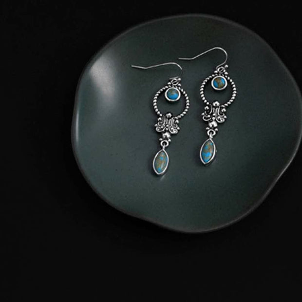Buddha Stones 925 Sterling Silver Vintage Turquoise Waterdrop Pattern Balance Drop Dangle Earrings Earrings BS 3
